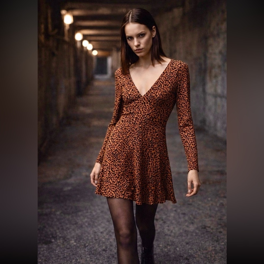 💗 The East Order Leopard Print Mini Dress XS Long Sleeve Edgy Festival Night